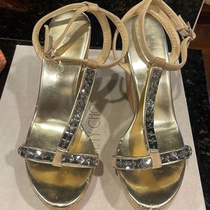 Jimmy Choo Naima Wedges tan suede w/ silver mirror accents size 40